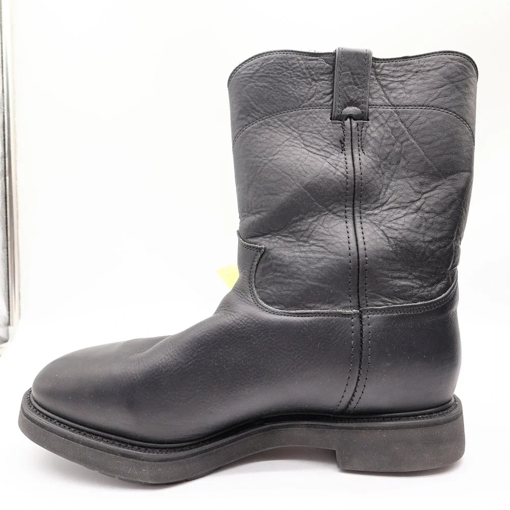 Justin Boots Mens 12 EE Black Leather Work Boots Pull On Roper 4763 NIB
